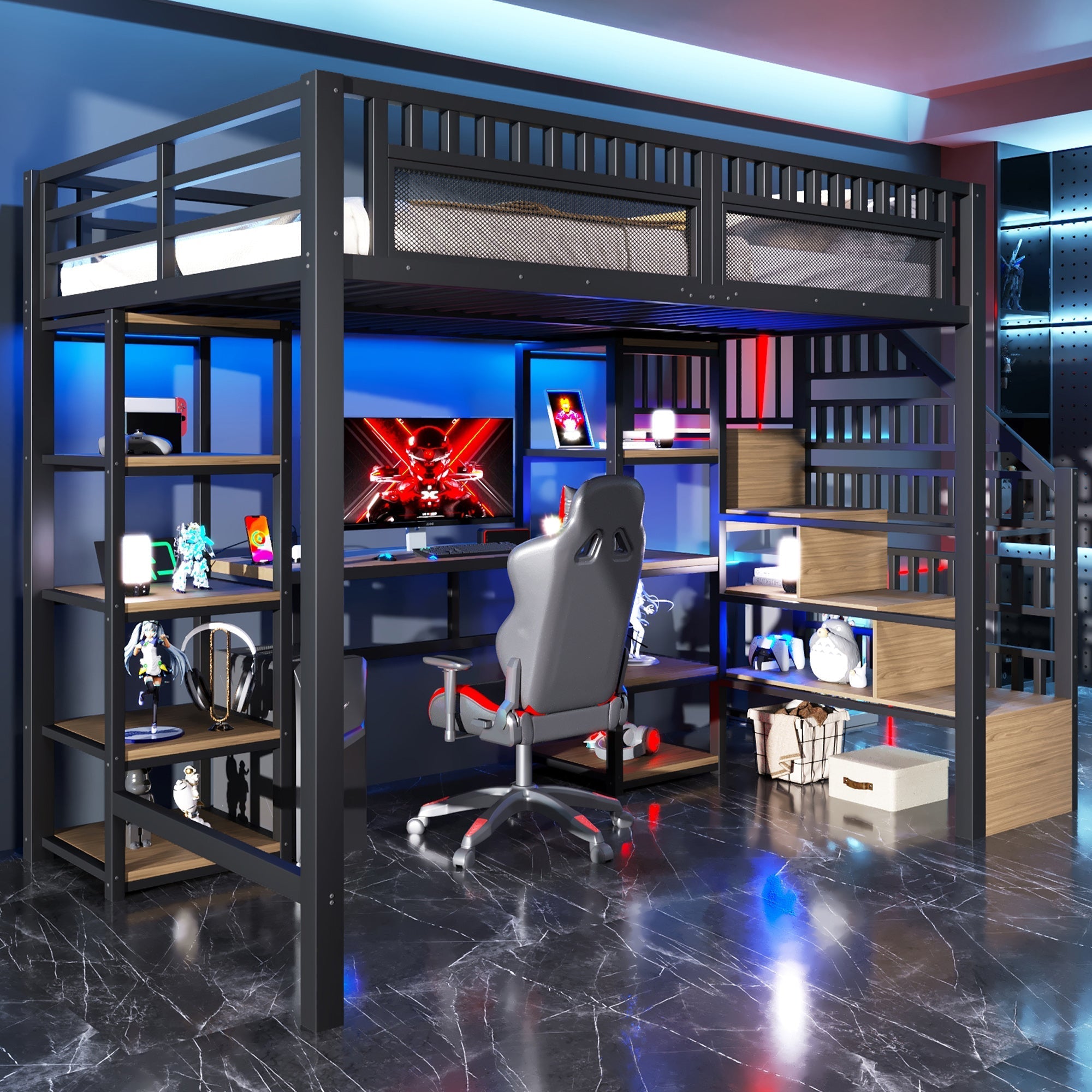 Loft Bed with Desk, Storage Ladder and LED Strip, Black Iron Frame