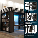 Loft Bed 140x200cm Iron Frame with Desk LED Light Strip Storage Stairs Black