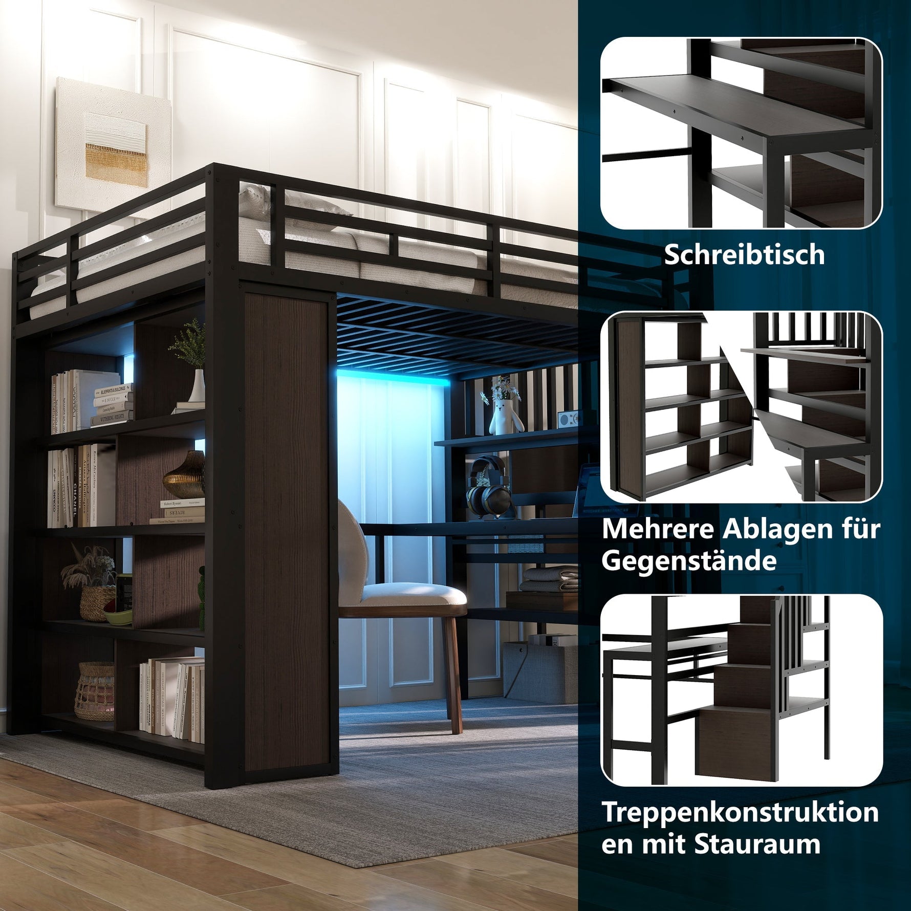 Loft Bed 140x200cm Iron Frame with Desk LED Light Strip Storage Stairs Black