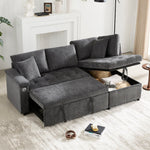 Modern L-shaped Sofa Bed, Pull-out Storage USB Charger Armrest Shelf, Grey
