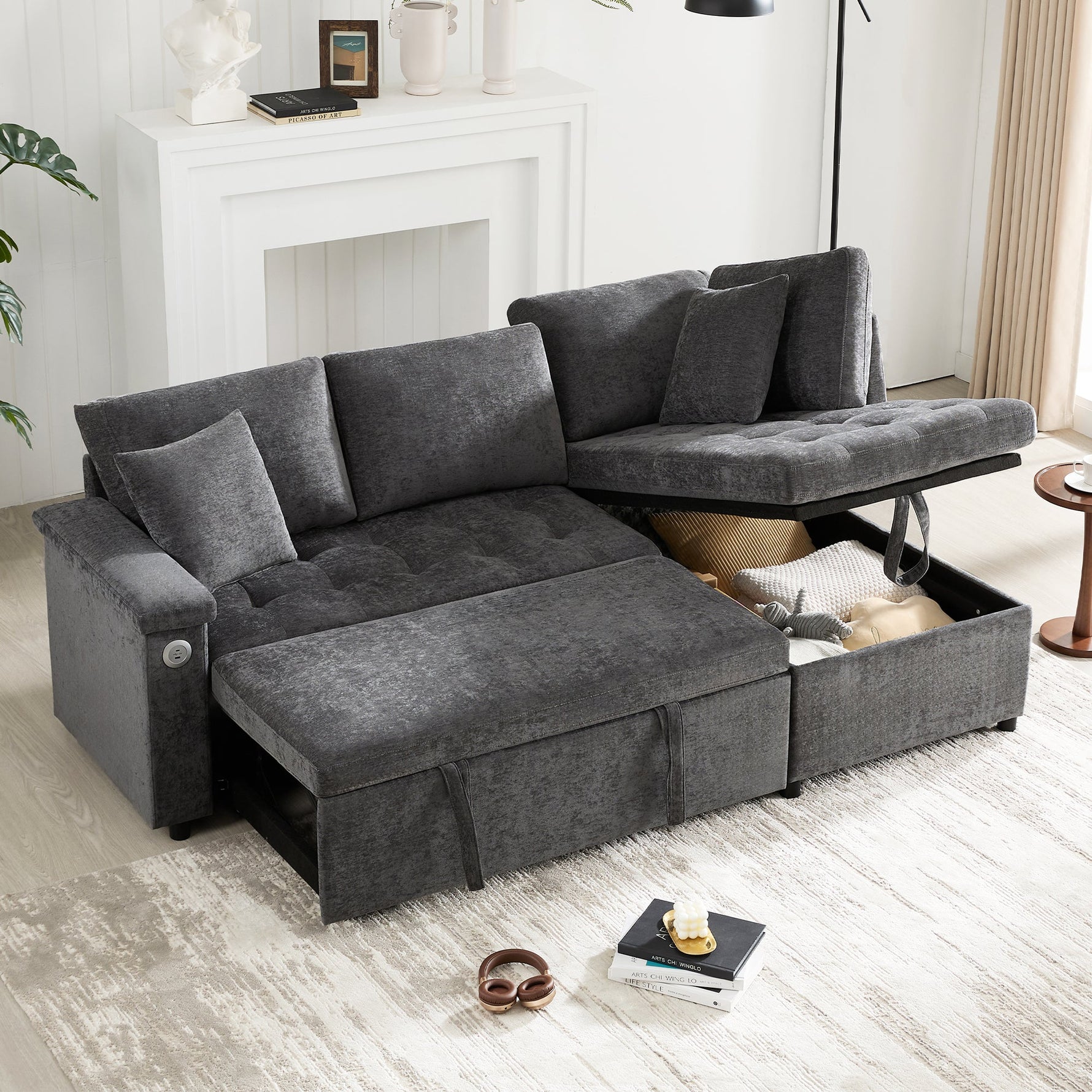 Modern L-shaped Sofa Bed, Pull-out Storage USB Charger Armrest Shelf, Grey