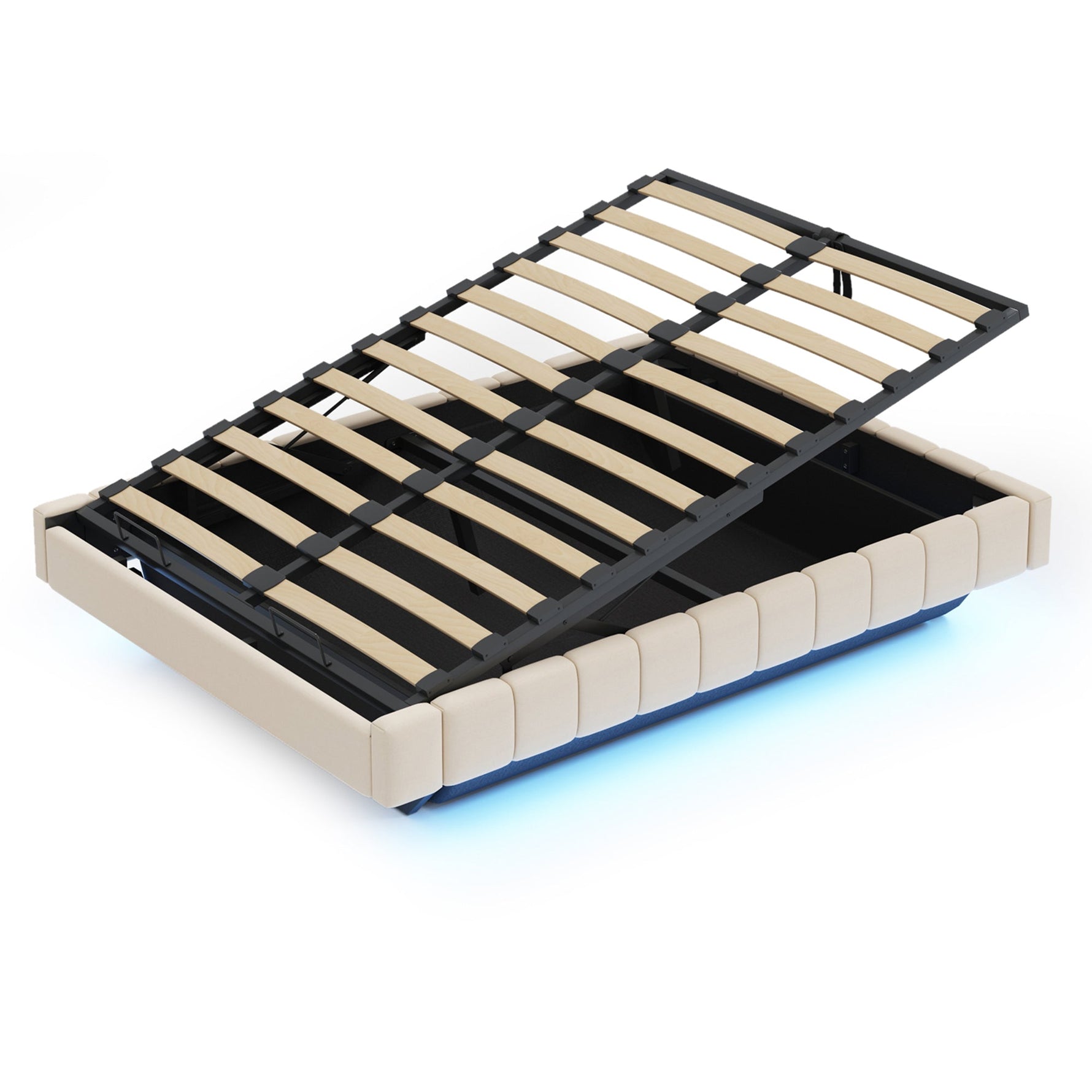 Upholstered Bed 160x200cm Hydraulic Floating Frame Storage LED Light, Linen Beige