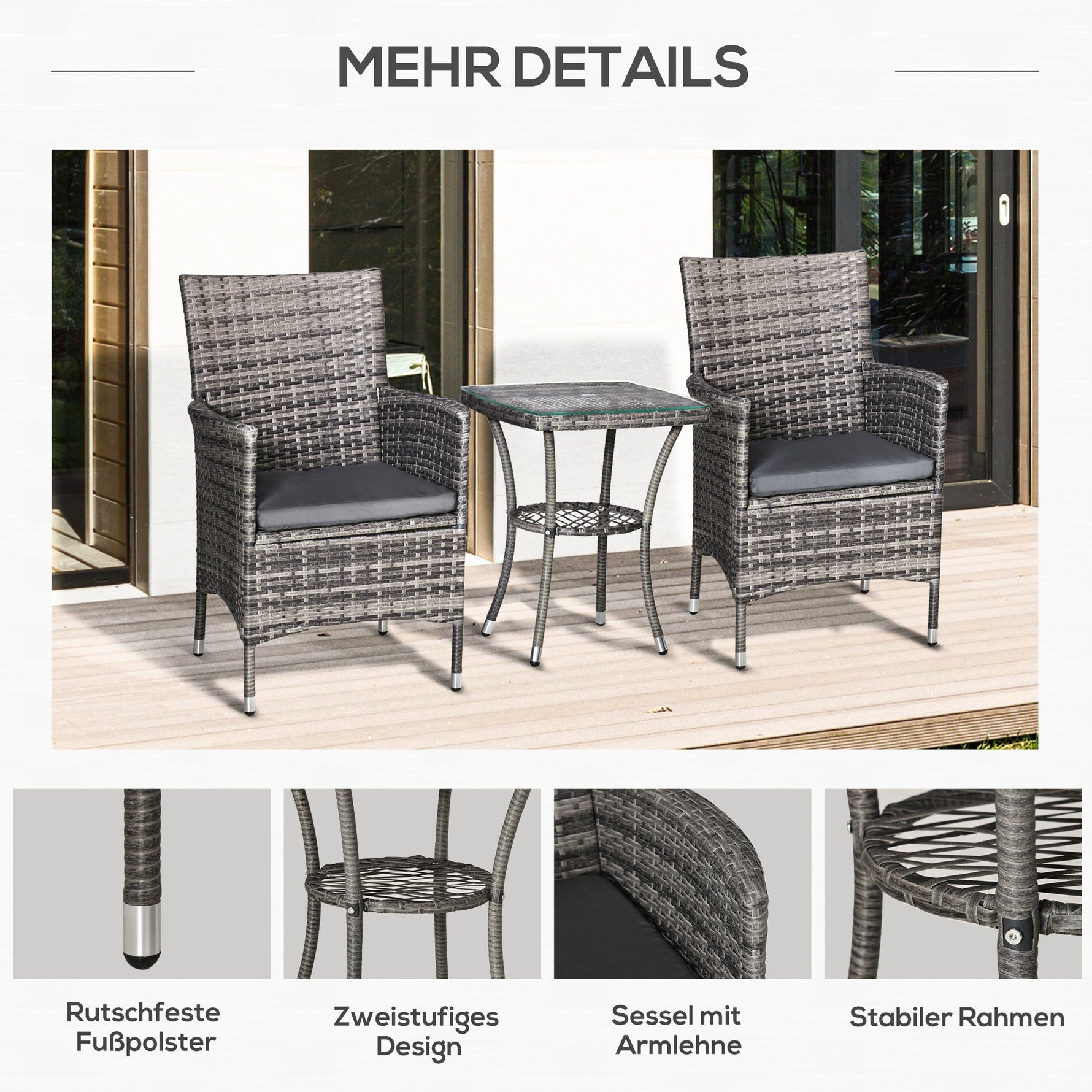 Balcony Furniture Set for 2 People, Rattan Garden, Dark Grey