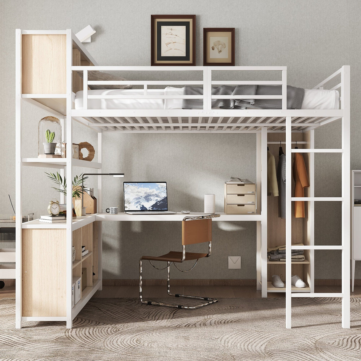 Iron Loft Bed, Double Storage, Wardrobe, White & Natural Iron