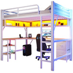 Loft Bed 140x200cm Gaming Desk Wardrobe Bookshelf USB LED Metal White