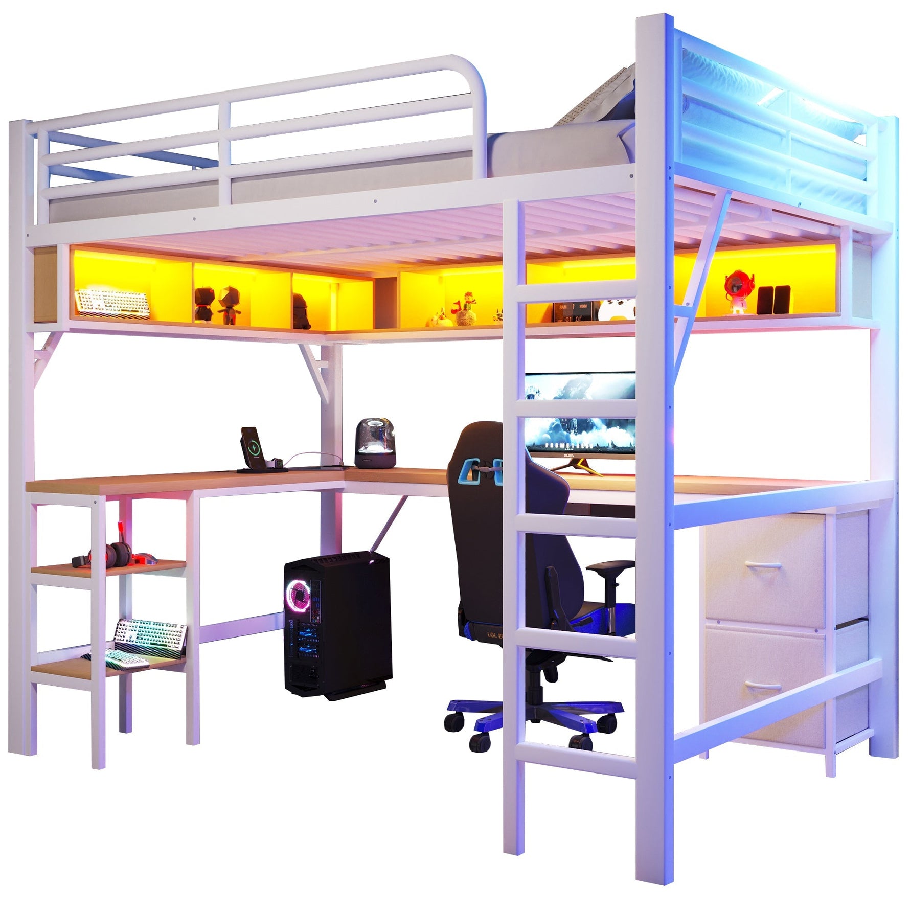 Loft Bed 140x200cm Gaming Desk Wardrobe Bookshelf USB LED Metal White