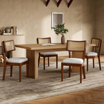 Solid Wood Dining Chairs Set of 2 Rattan Backrests Modern Style Linen Walnut
