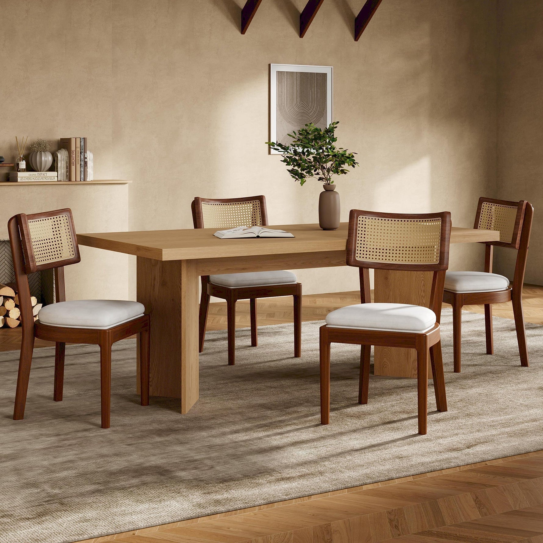 Solid Wood Dining Chairs Set of 2 Rattan Backrests Modern Style Linen Walnut