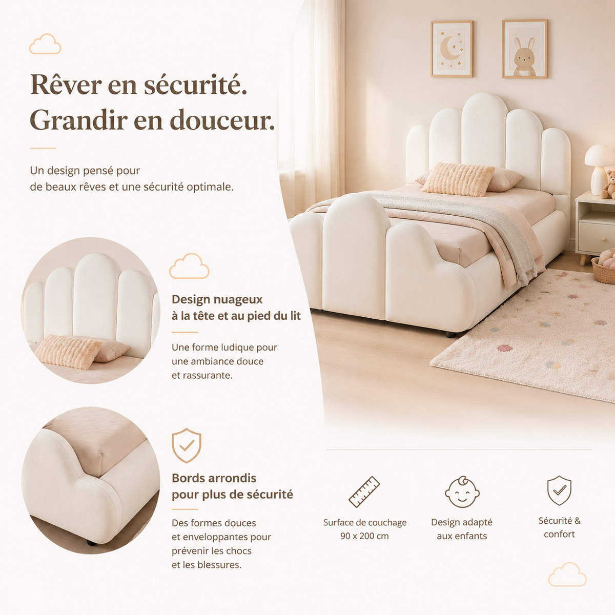 Upholstered Single Children's Bed 90x200cm - Beige Velvet
