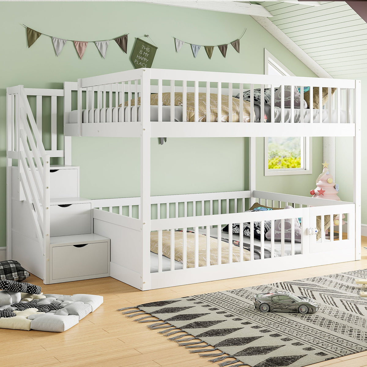 Bunk Bed 140x200, with Safety Stairs and Storage Drawers, White Wood