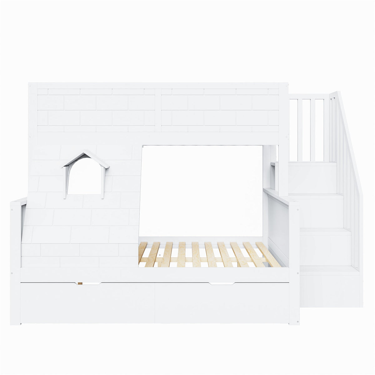 Bunk Bed with Safety Ladder, Drawers and Window, 90x200cm and 140x200cm, Solid Wood