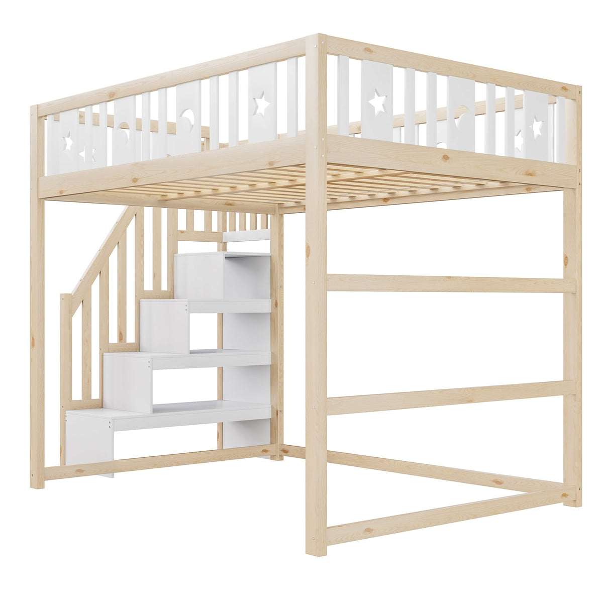 Children's Loft Bed 140x200 with Stairs Safety Railing Star & Moon Decor Solid Wood