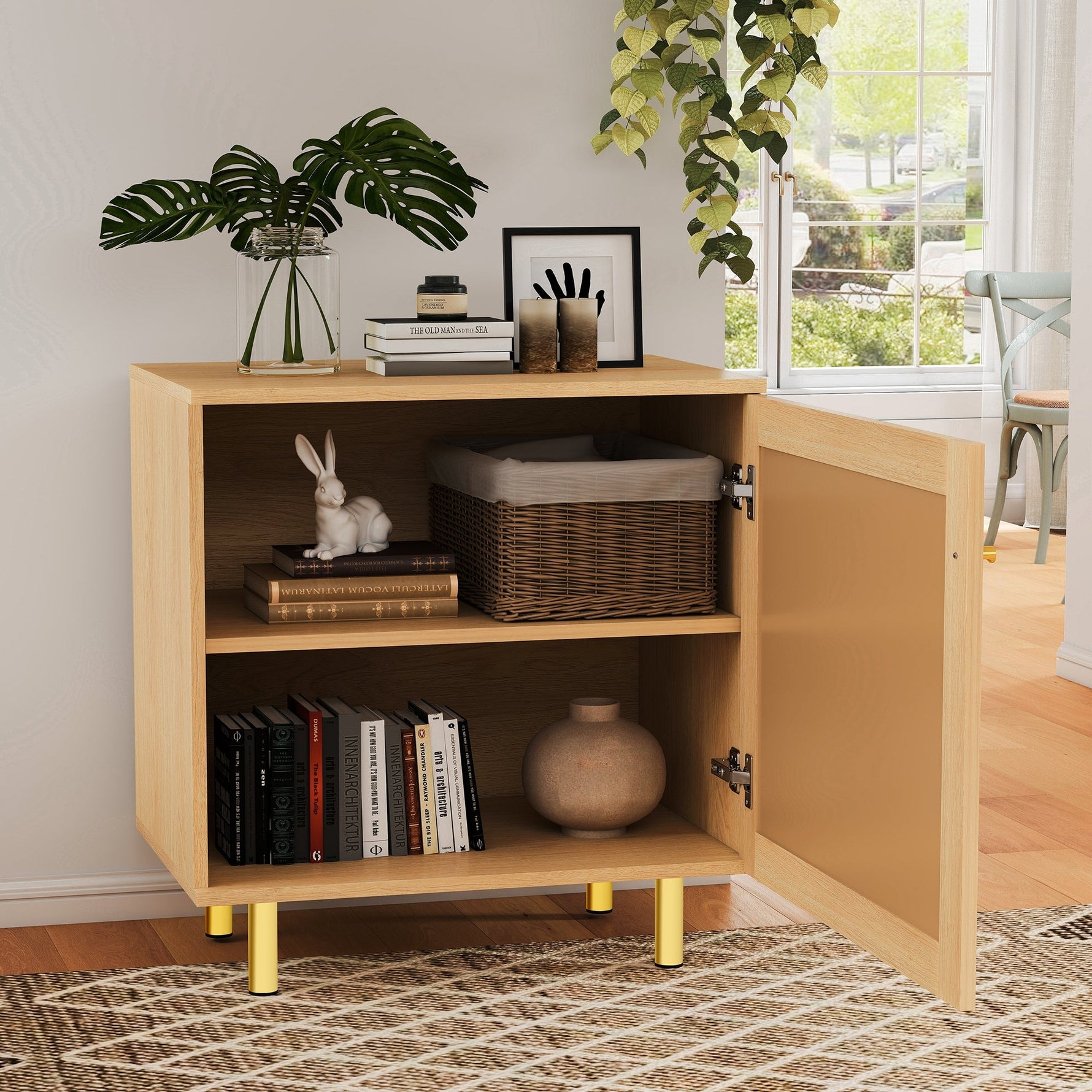 Wicker Nightstand Single Door Rustic Natural Wood Look