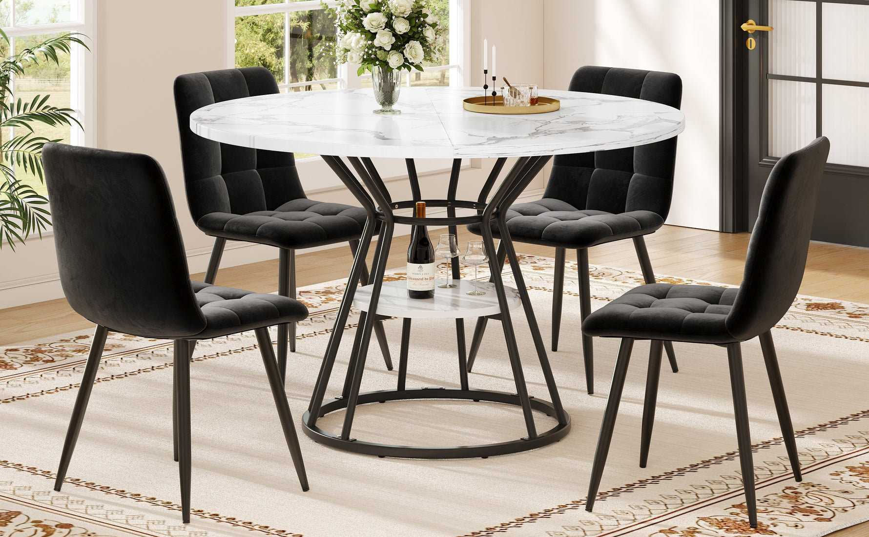 5-Piece Round Dining Table Set with 4 Velvet Chairs and Marble Top, Black
