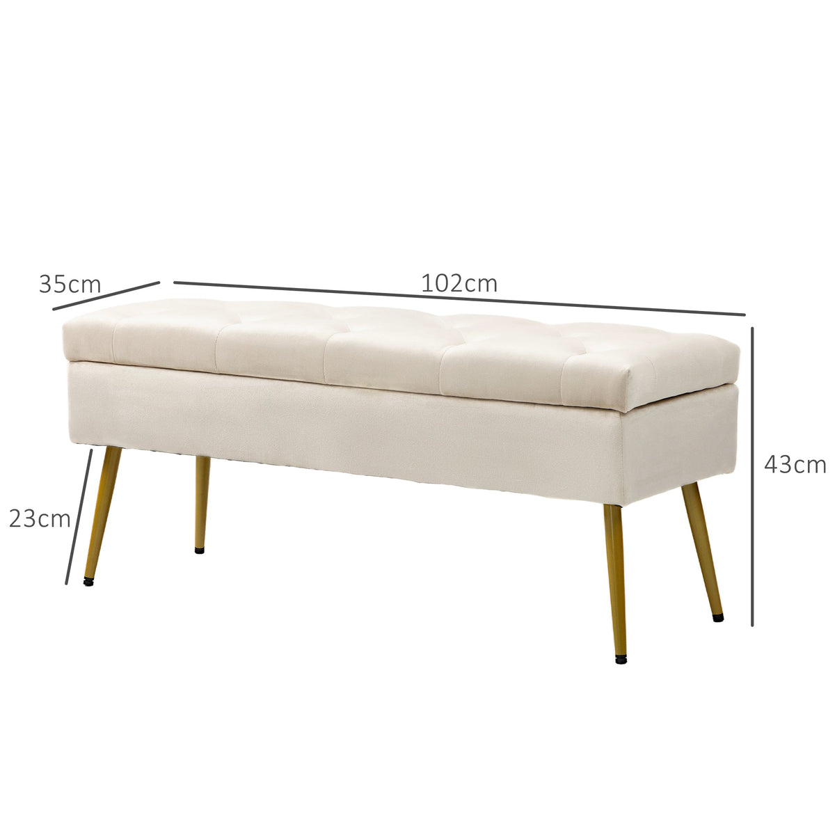 Bench with Storage, Upholstered Lid, Metal Frame, Beige