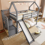 Bunk Bed House Bed 90x200cm Storage Stairs Slide Railing, Grey