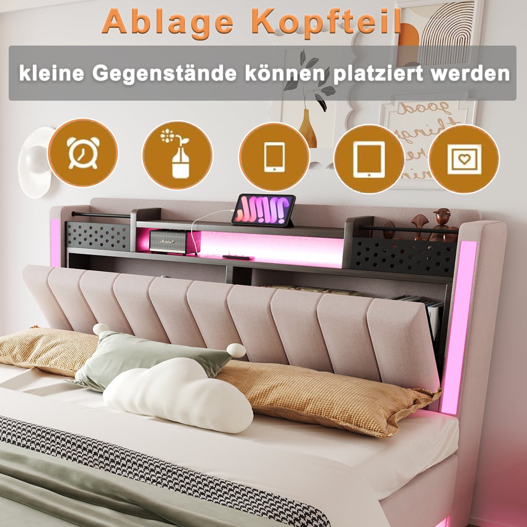 Upholstered Bed, 160*200 LED, USB, Storage, Floating, Linen Fabric, Beige