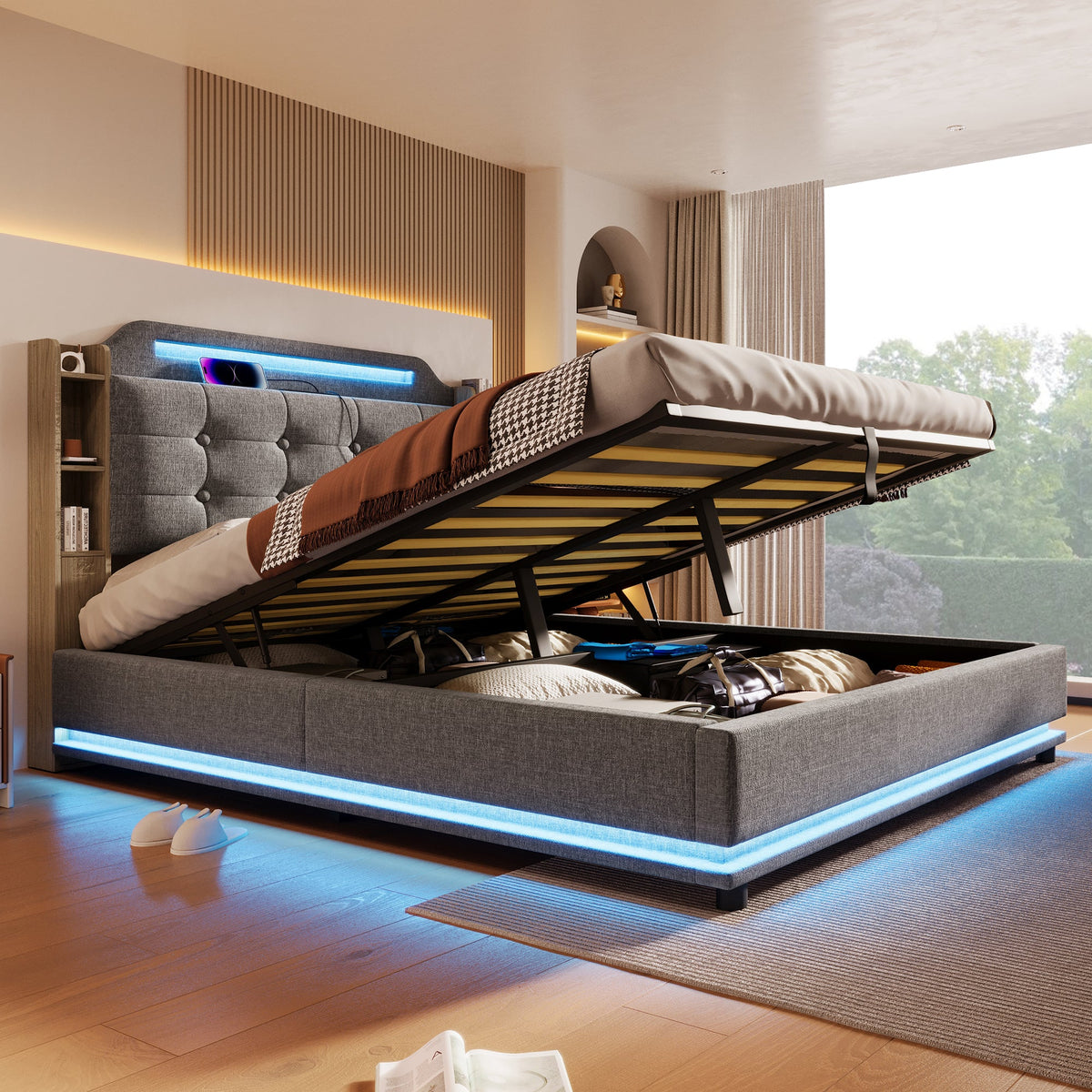 Upholstered Bed 140x200cm, LED Light Strip, Hydraulic Storage, USB + Type-C, Grey Linen