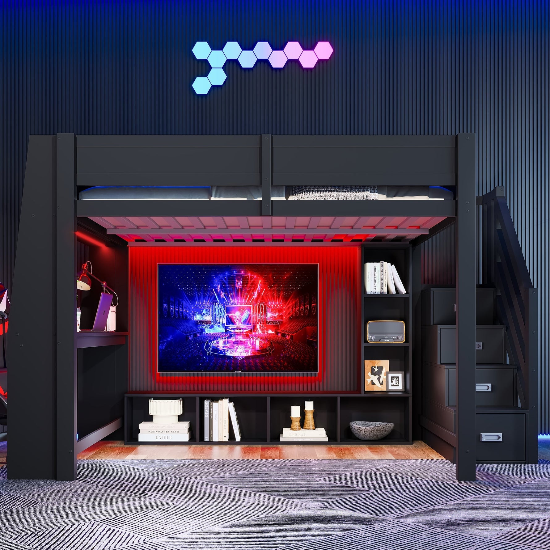 Loft Bed with Desk, Storage Stairs and LED Lighting, 140x200cm, Black Wood
