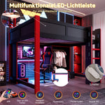 Gaming Loft Bed 140x200cm with Desk & LED, Black + Red