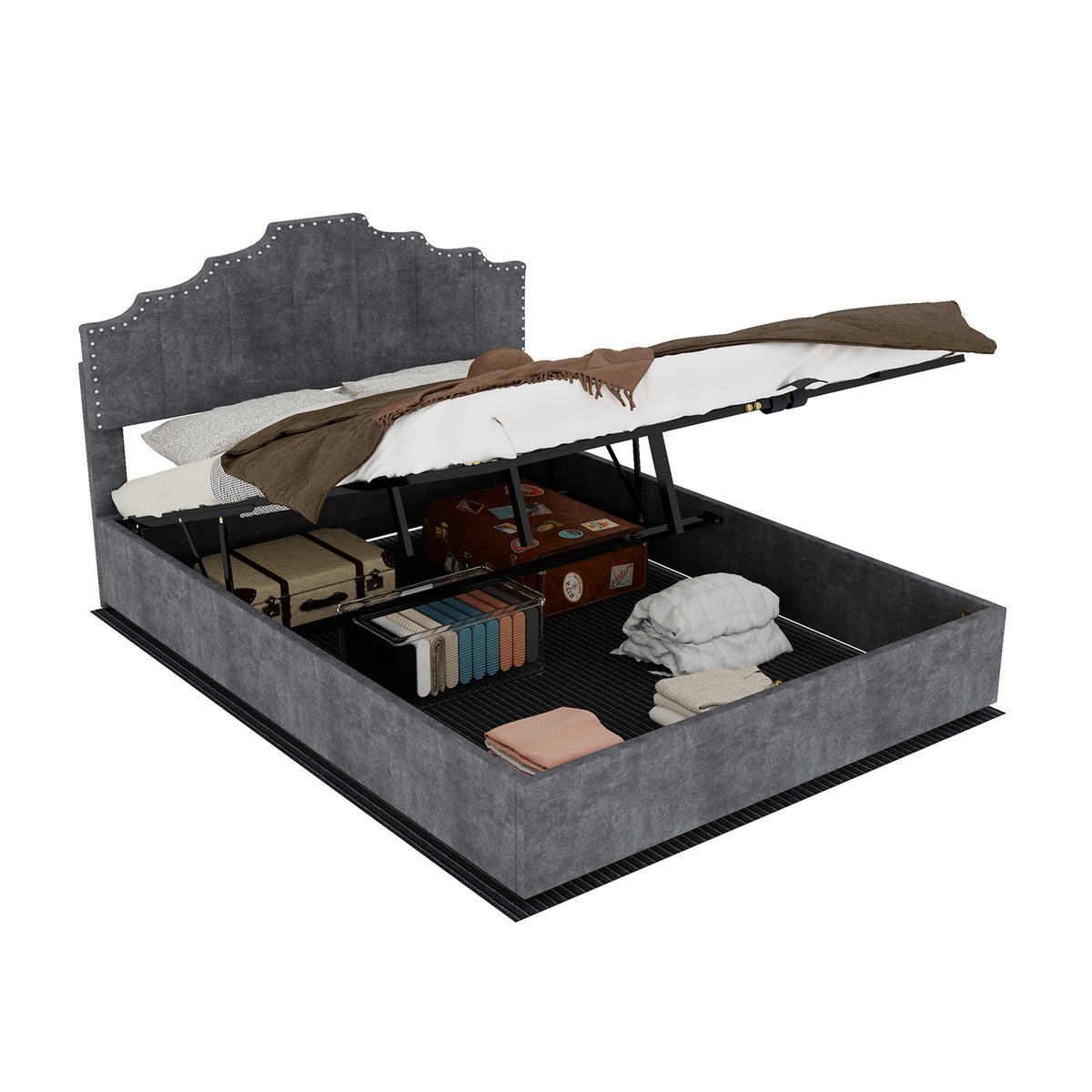 Modern Soft Bed with Mattress 140x200cm, Pneumatic Storage, Grey