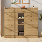 Shoe Cabinet with 4 Hinged Doors, 2 Drawers and 3 Open Compartments, 110x26x100cm, Wood Color