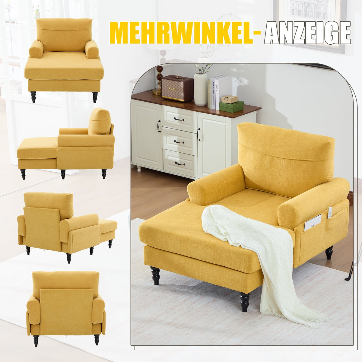 Single Sofa Lounger with Side Pockets and Wooden Legs, Chenille Fabric