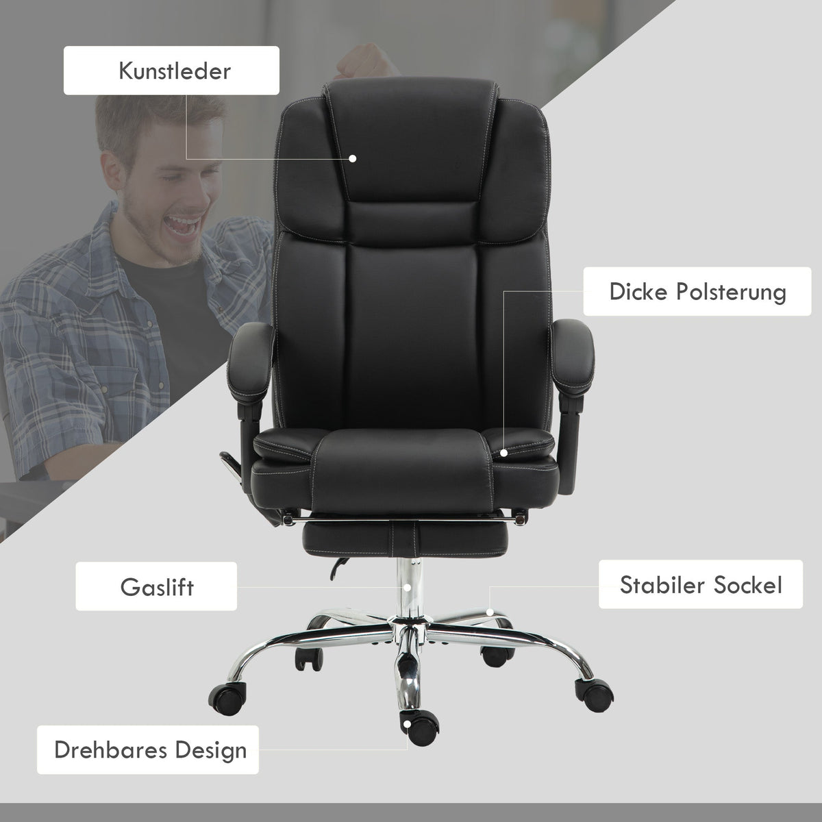 Office Chair, Ergonomic Vibration Massage Heating Reclining Footrest, Faux Leather Black