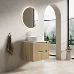 Floating Bathroom Vanity Unit with Oval Sink and Sintered Stone Top, White Oak Wood Grain