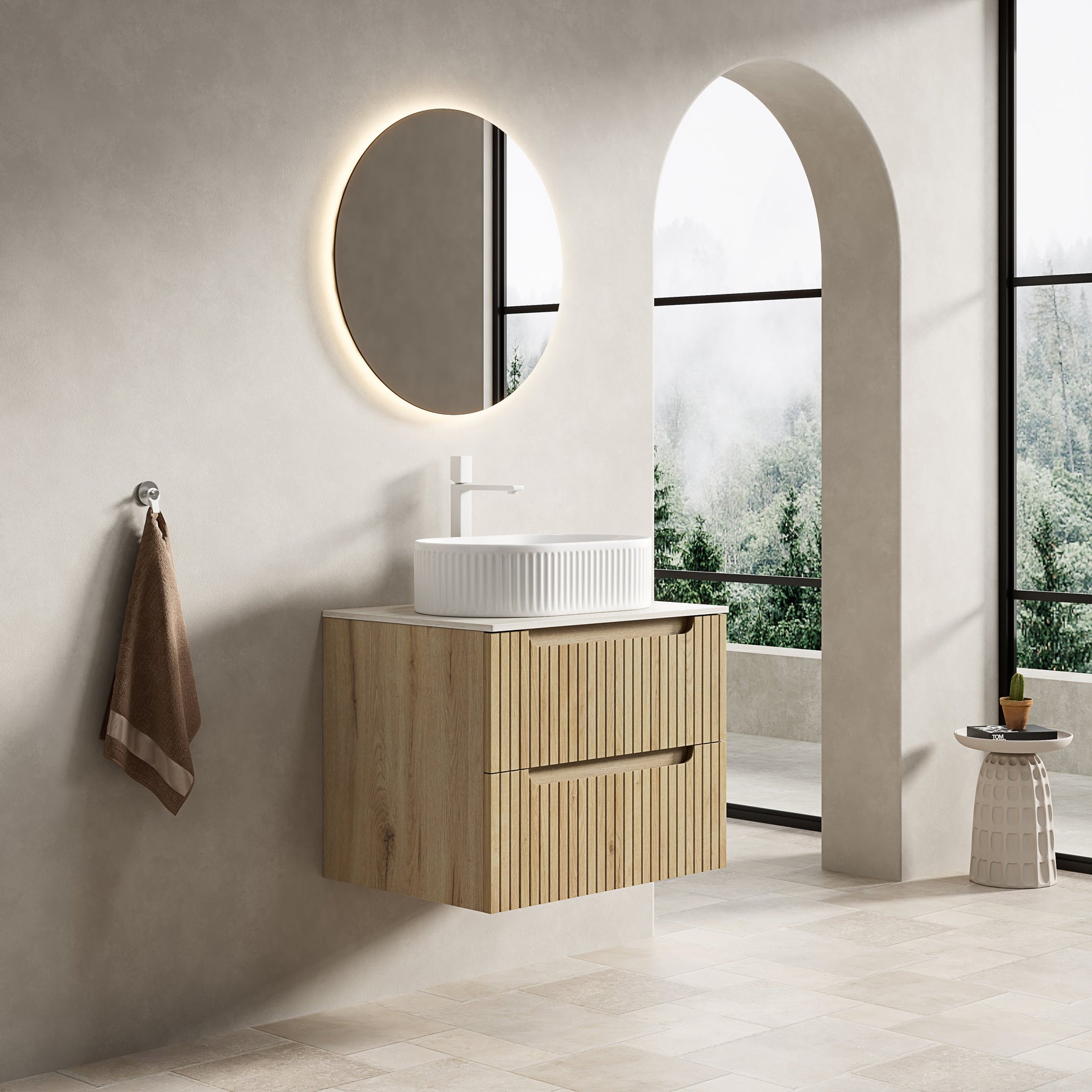 Floating Bathroom Vanity Unit with Oval Sink and Sintered Stone Top, White Oak Wood Grain