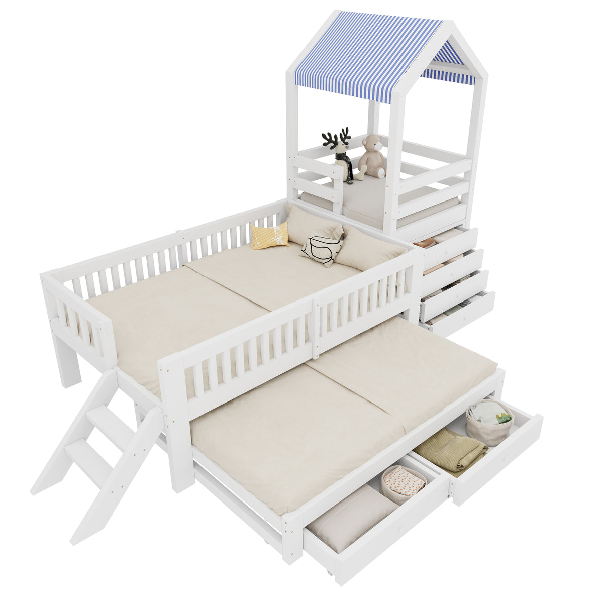 Kids House Bed with Pull-Out Bed, Drawers & Stairs, White