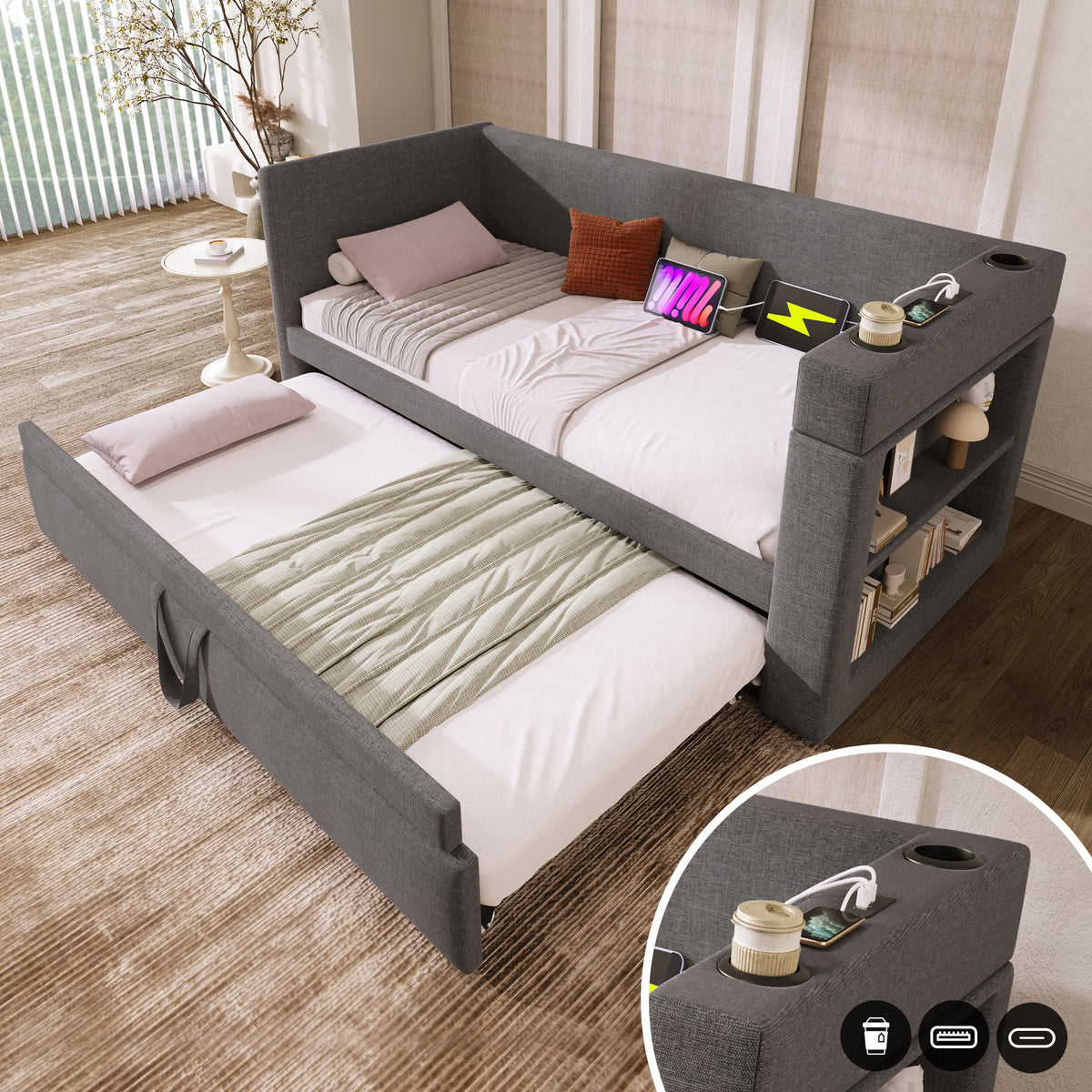 Upholstered Bed 140x200cm with USB, Storage & LED, Grey