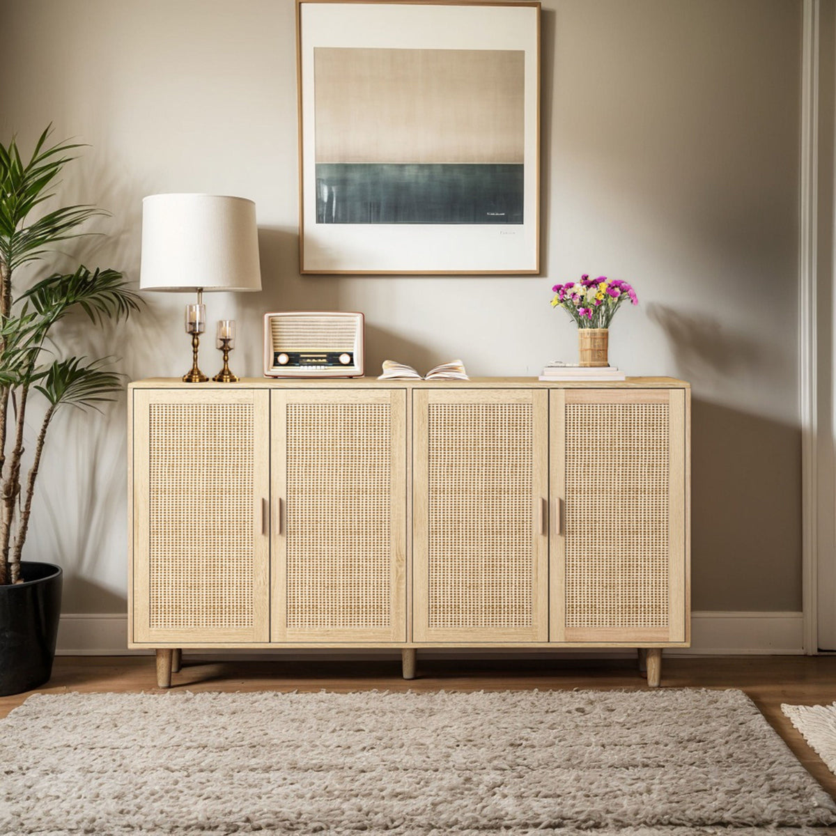 Rattan Decorative Storage Cabinet, 158CM 4-Door, Natural