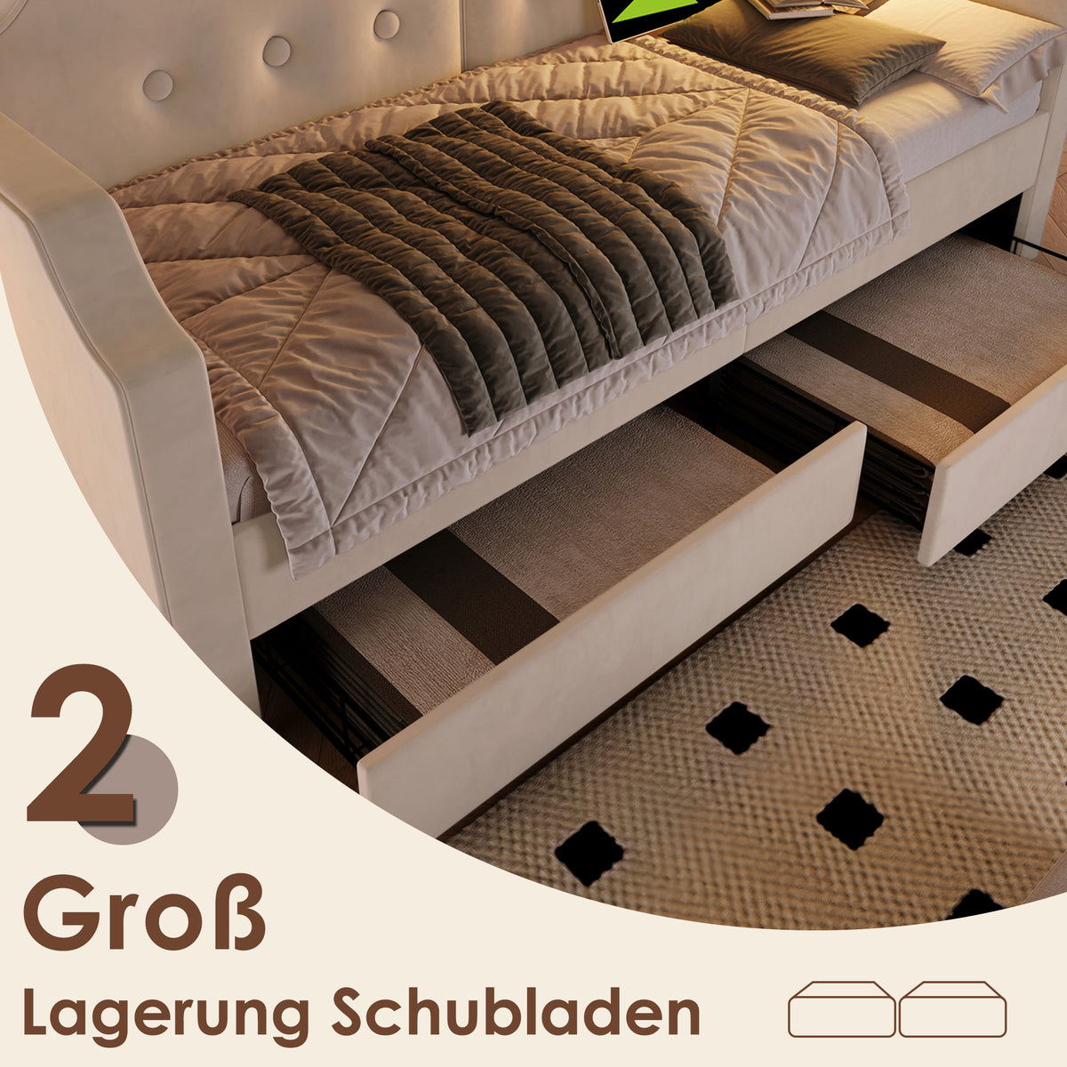 Upholstered Daybed 90x200cm with USB & 2 Drawers, Beige Velvet