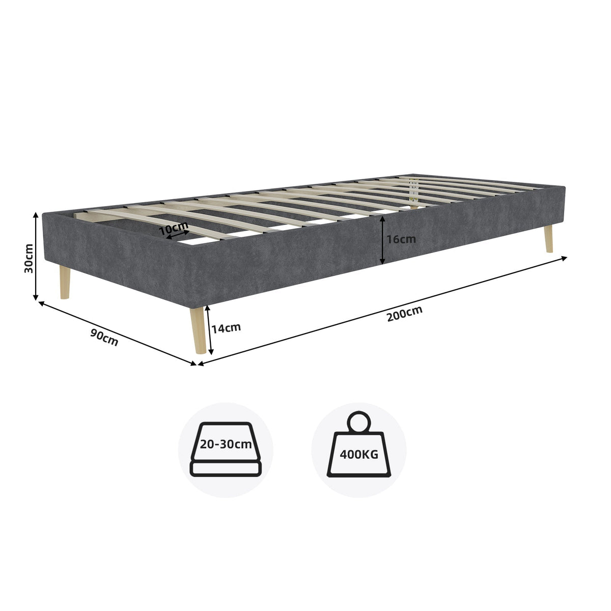 Bed Frame Modern Minimalist 90x200cm Low-Profile Dutch Velvet Grey
