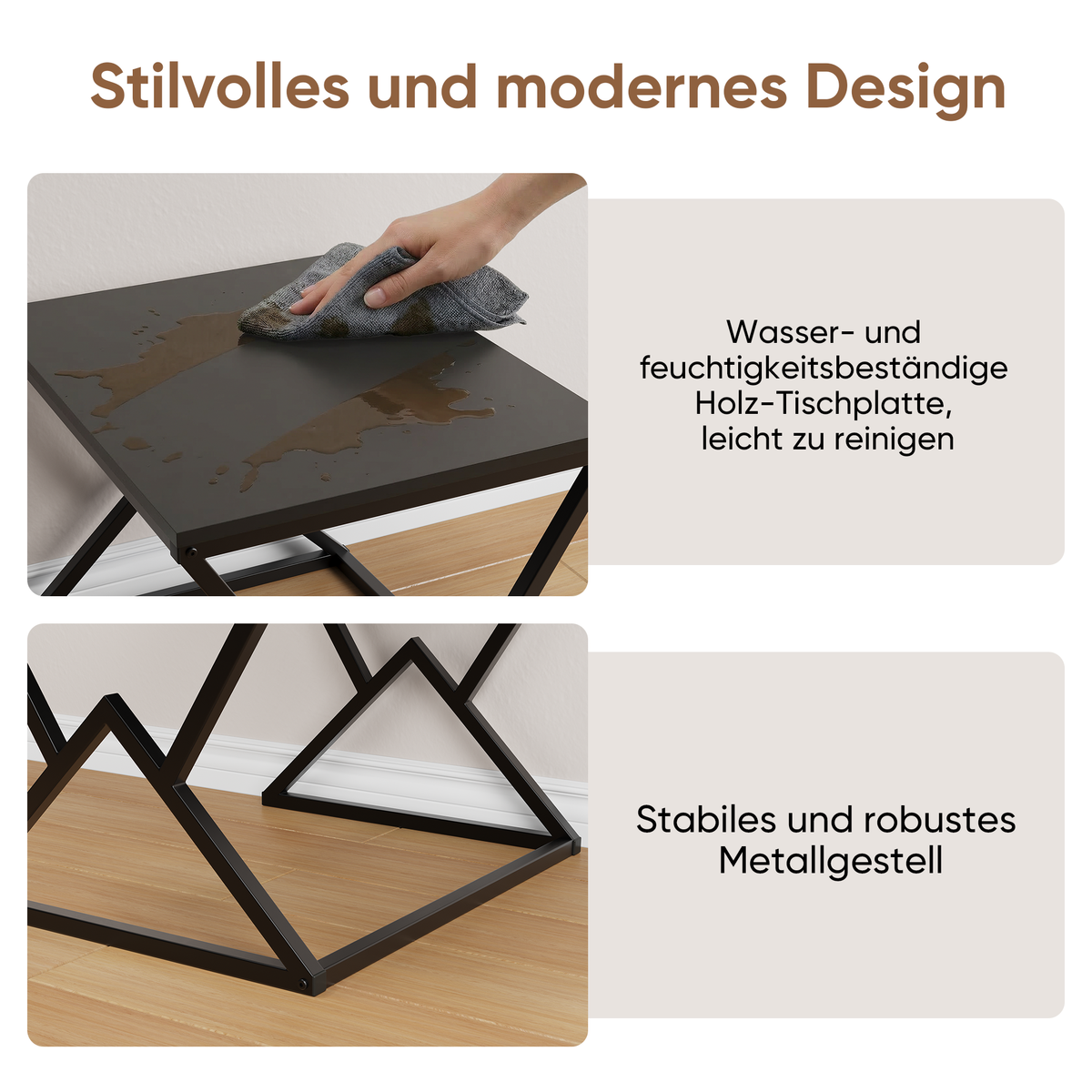 Geometric Coffee Table, Industrial Side Table with Metal Frame, Black Wood Top