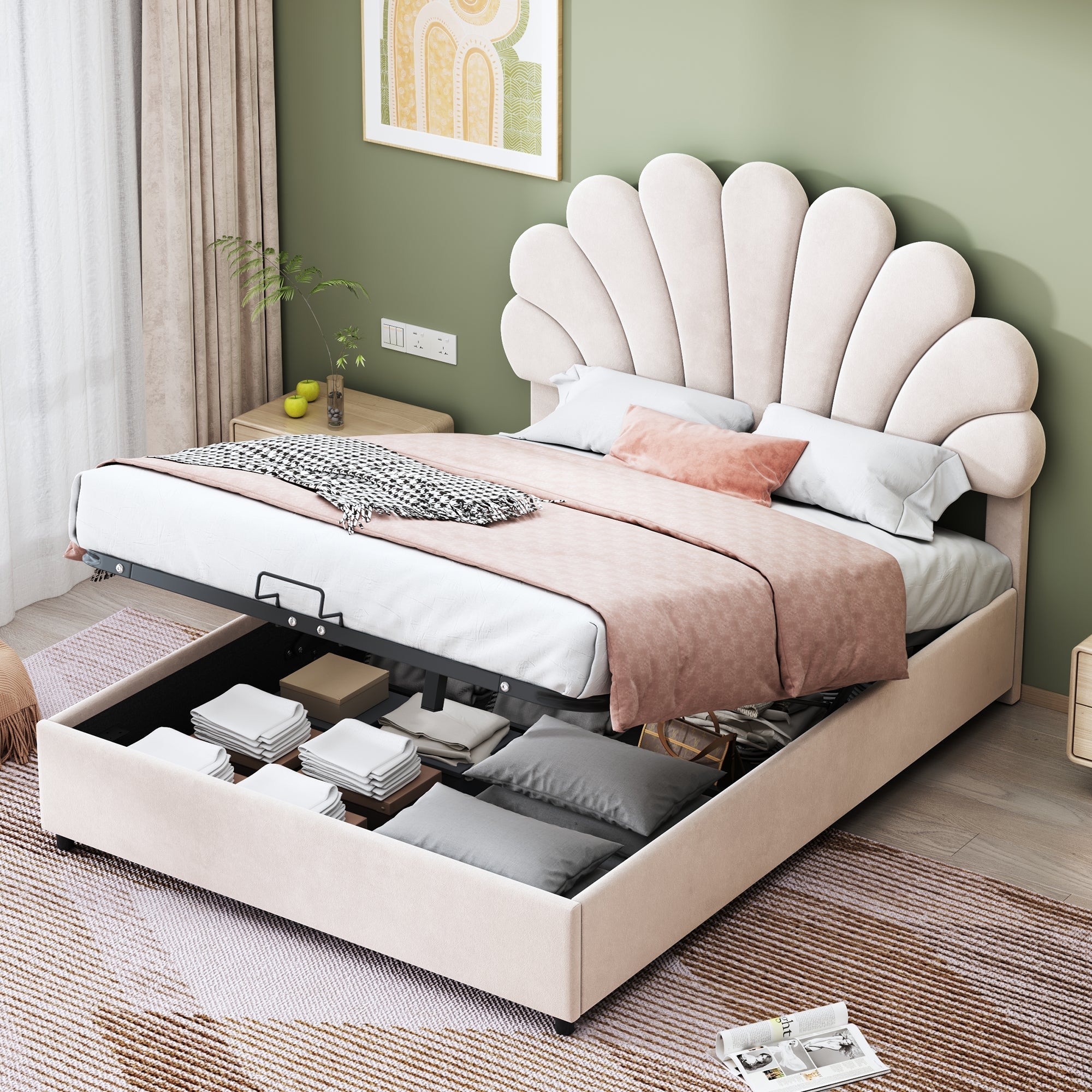 Upholstered Bed 140x200cm Floral Headboard Hydraulic Storage, Beige Velvet
