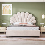 Upholstered Bed 140x200cm Floral Headboard Hydraulic Storage, Beige Velvet
