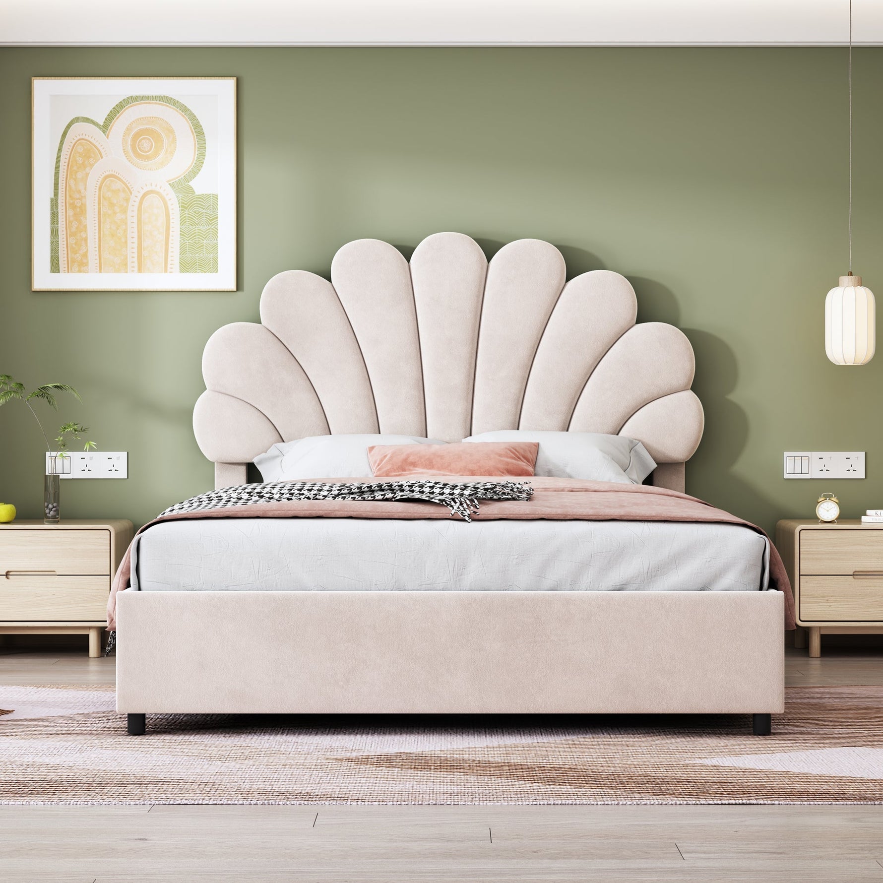 Upholstered Bed 140x200cm Floral Headboard Hydraulic Storage, Beige Velvet