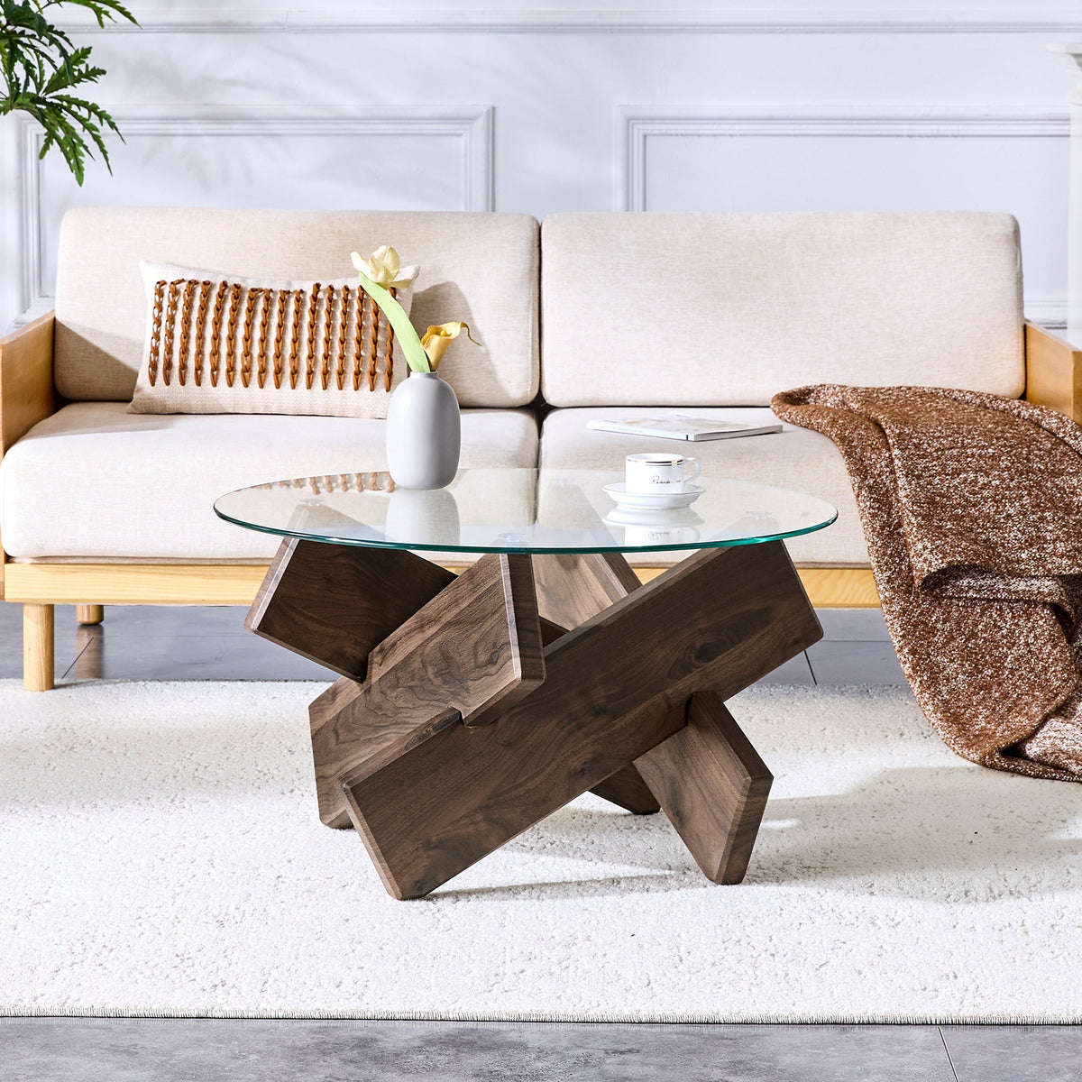 Round Coffee Table 79cm Tempered Glass Top Deep Legs - Walnut Wood Grain MDF
