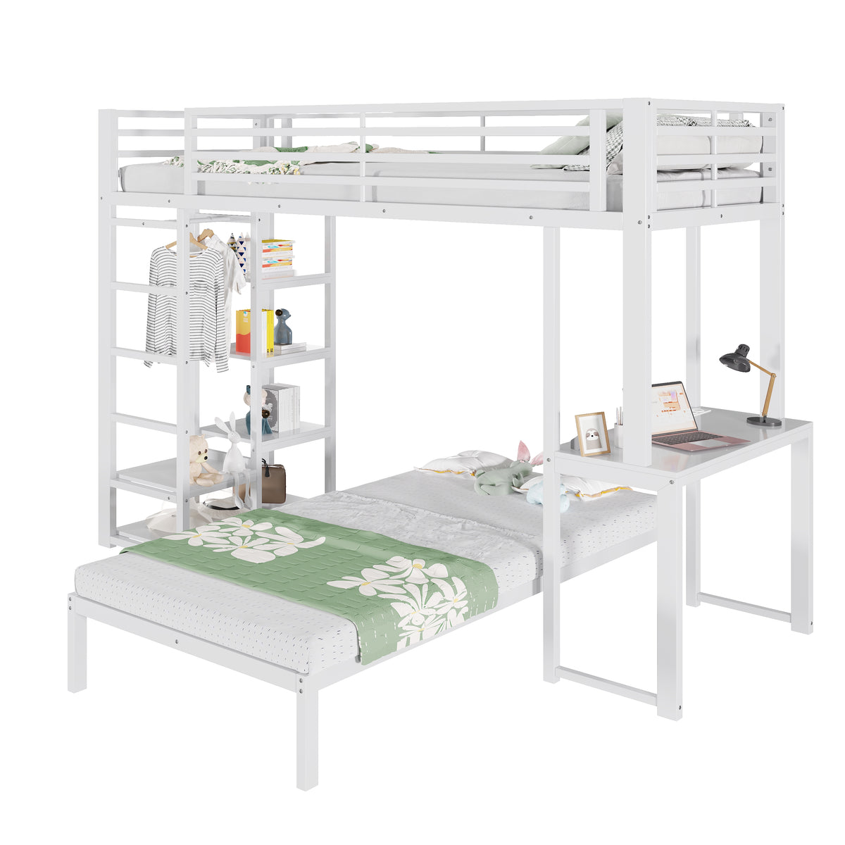 Bunk Bed 90x200cm with Desk & Shelves, White Metal