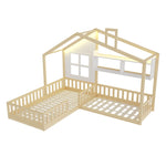 Children's Bed with Window, Shelves and LED Light Strip, Wood Color