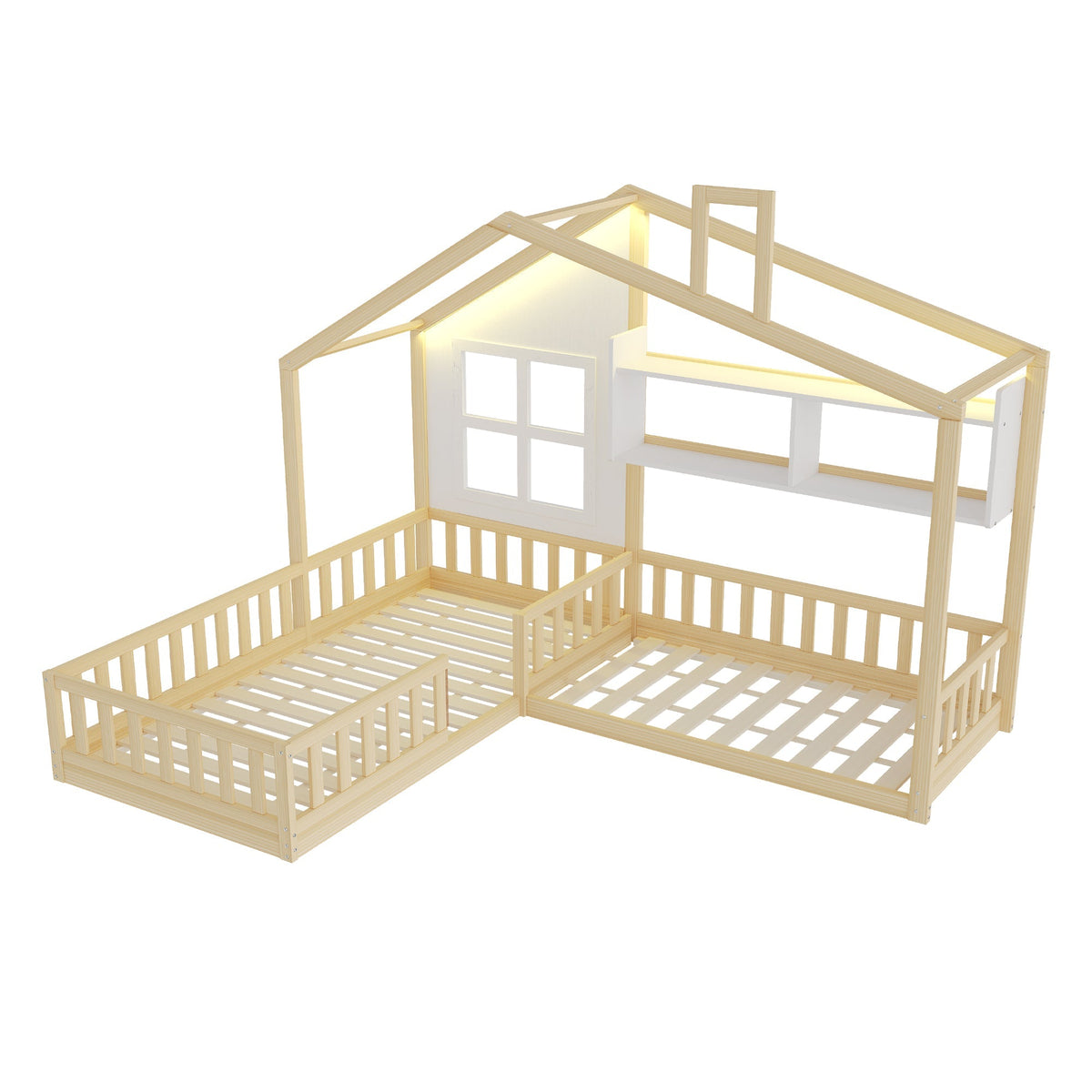 Children's Bed with Window, Shelves and LED Light Strip, Wood Color