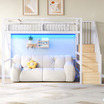 Loft Bed 90x200cm with LED & Storage Staircase - White Iron Frame