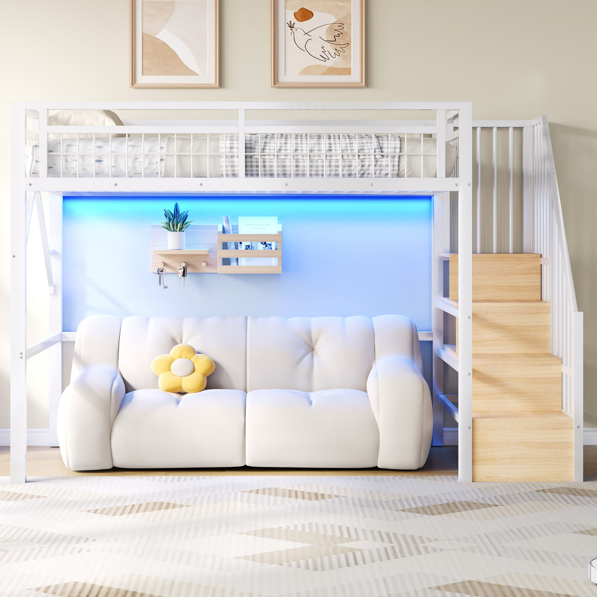 Loft Bed 90x200cm with LED & Storage Staircase - White Iron Frame