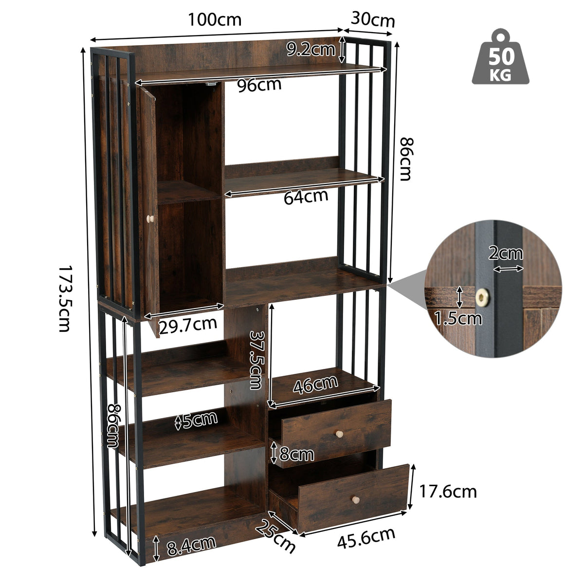 Bookcase, 6-Shelf Industrial Bookcase with Doors & Drawers, Floor to Ceiling, Antique Brown Steel