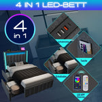 Upholstered Bed with USB & LED, 2 Drawers, Wooden Slatted Frame, Grey