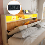 Upholstered Storage Bed 140x200 cm with LED & USB, Beige Linen