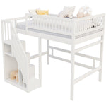 Solid Wood Bed, 140x200 with Stairs & Storage, High Railing, White