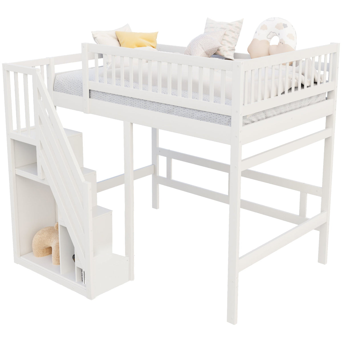 Solid Wood Bed, 140x200 with Stairs & Storage, High Railing, White